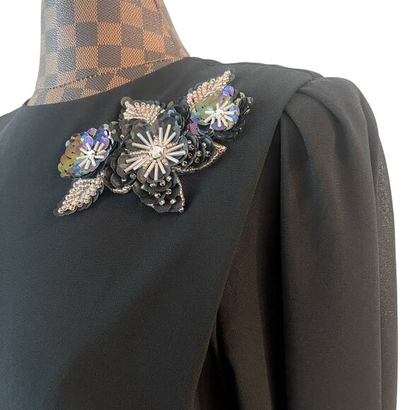 Ursula of Switzerland Black Shift Dress Sz 12 Sequin Flower Sheer Sleeve Formal - Picture 6 of 13